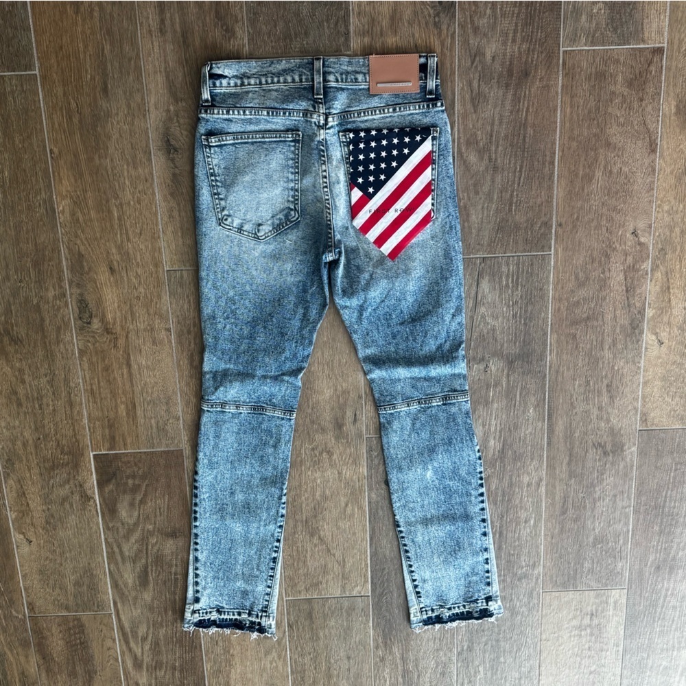 First Row Slim Straight Blue Distressed Jeans 30x32 Made in USA Flag Pocket - Picture 6 of 7